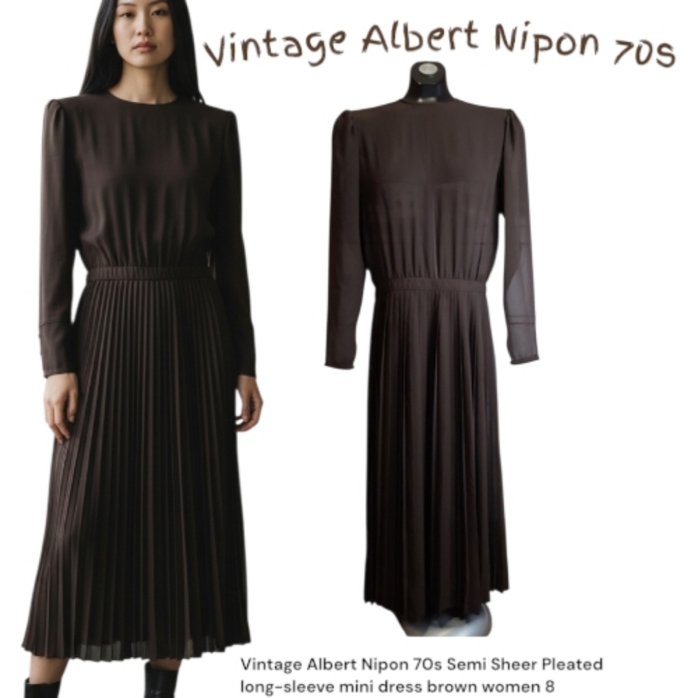 Vintage Albert Nipon 70s Semi Sheer Pleated long-sleeve mini dress brown women 8